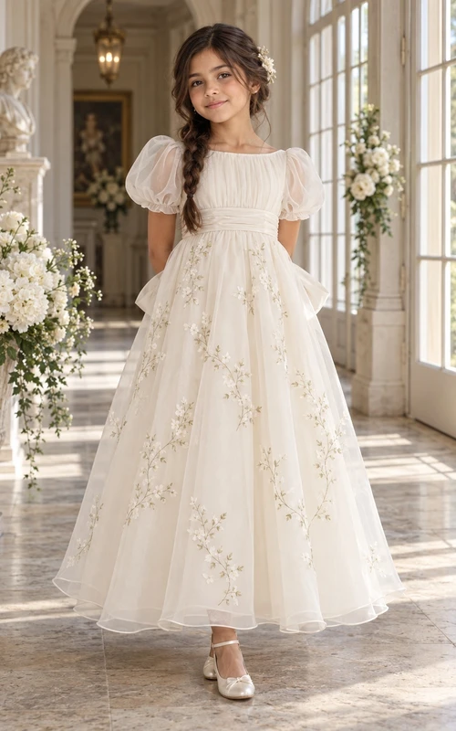Square Neck Ivory A-line Lace Tulle Ankle-length Puff-sleeve Ruched Flower Girl Dress