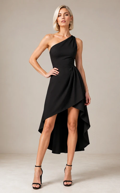 Noir Diagonal Black Sheath High-Low One-Shoulder Sleeveless Stretch-Satin Modern Cocktail Dress