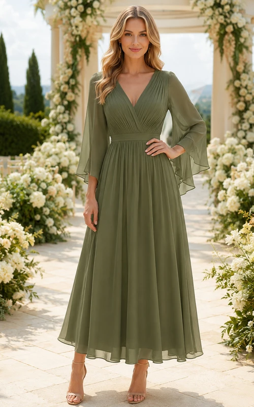 celadon V Neck Bell Sleeve Chiffon Ankle Length Guest Dress