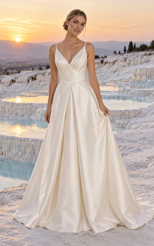 Vestido de novia sencillo de corte A con escote en V y pliegues de satén, con cola.