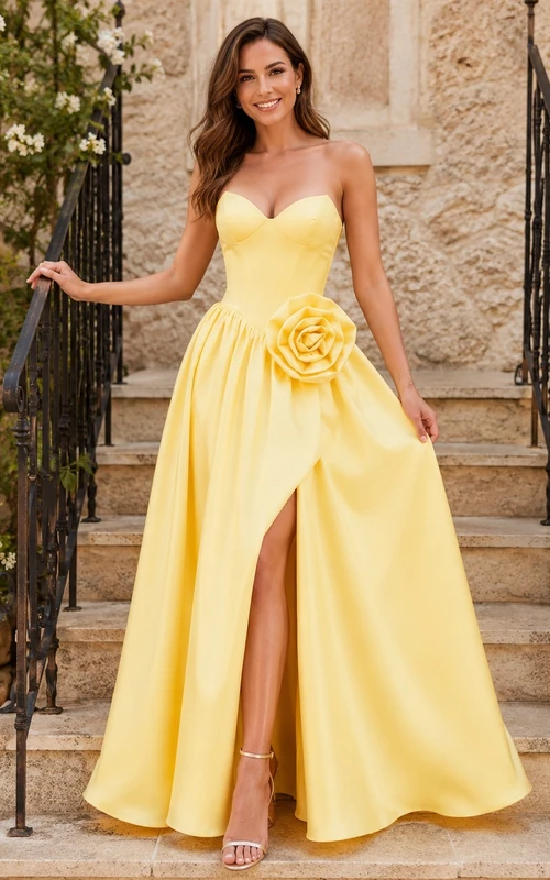 Daffodil Strapless Sweetheart Satin Rose Detail Split A-Line Evening Gown