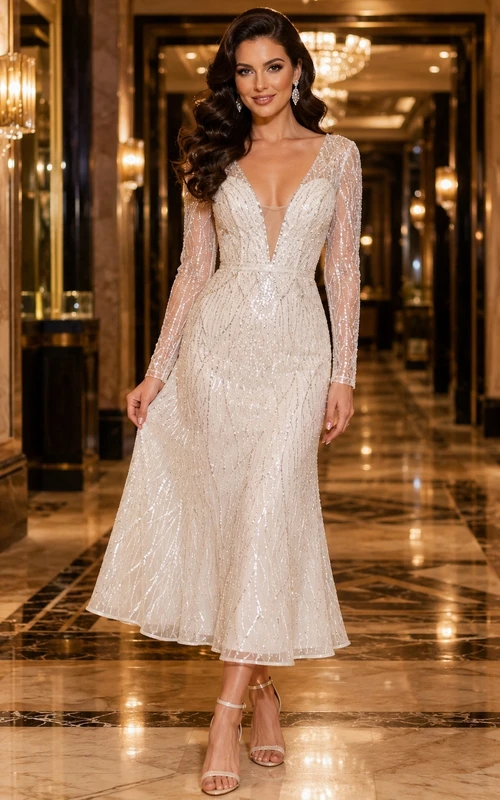 Vintage V-Neck Long Illusion Sleeve Beaded A-Line Tea-Length Vegas Wedding Dress