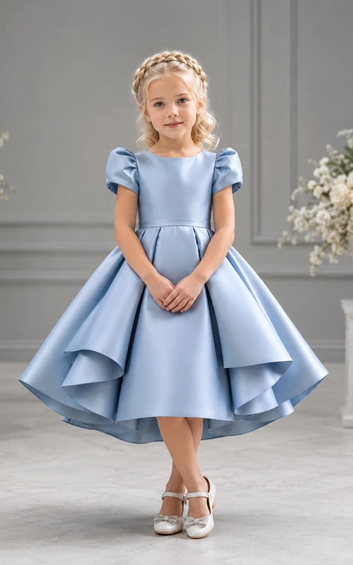Blumenmädchenkleid, himmelblau, Satin, A-Linie, kurze Ärmel, Rundhalsausschnitt, Teelänge, Schleifendetail