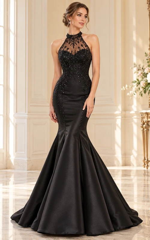 Robe de soirée sirène noire à col montant et perles en satin illusion