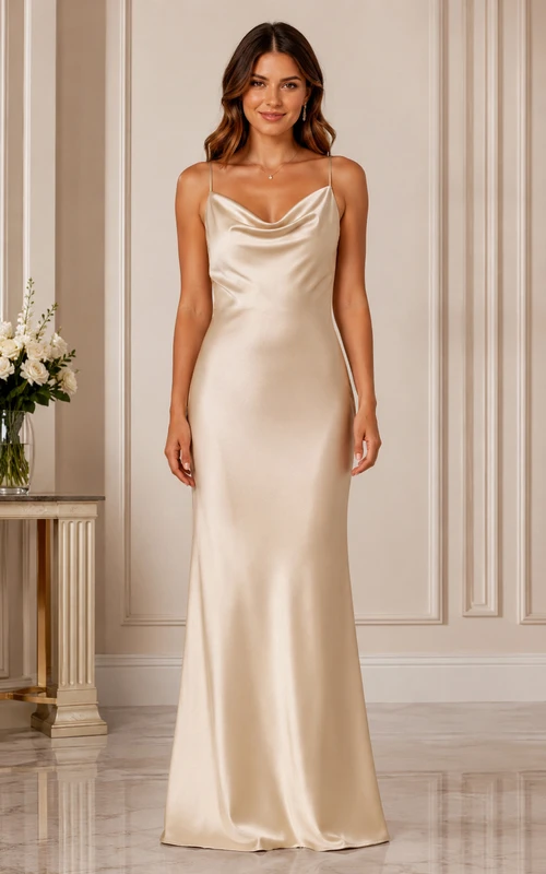 Vestido de dama de honor de satén color champán con escote drapeado.