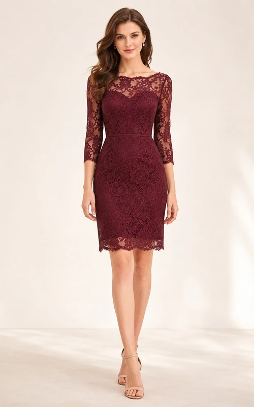 Robe de bal de promo en dentelle bordeaux, col bateau, manches trois-quarts, coupe fourreau, longueur genou