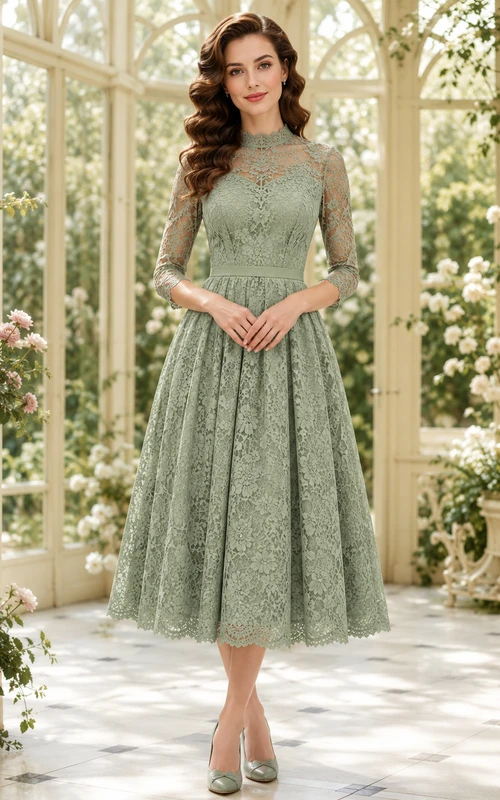 Salbeigrünes, dreiviertelärmeliges A-Linien-Kleid aus Spitze in Teelänge