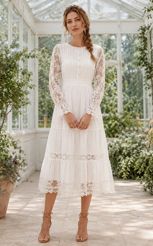 Weißes, böhmisches Cocktailkleid aus Spitze mit Rundhalsausschnitt, langen Ärmeln, A-Linien-Schnitt und Teelänge