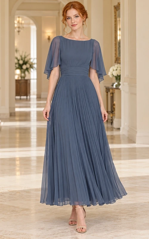 Slate Blue Modest Bateau Cape Sleeve Pleated Long Guest Dress