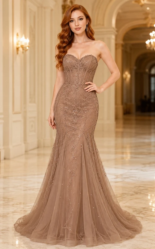 Taupe Sequined Sweetheart Mermaid Floor-length Luxury Formal Evening Gown