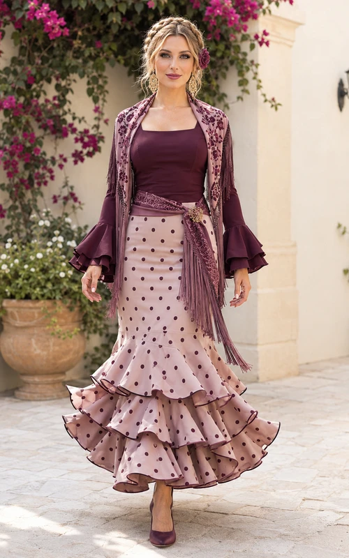 Vintage Pflaumenfarbenes, gepunktetes Rociero-Zweiteilerkleid mit asymmetrischen und tiefen Glockenärmeln