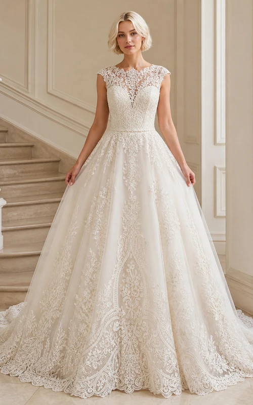 Vestido de novia de lujo estilo catedral, sin mangas, con escote barco y medallón de encaje.