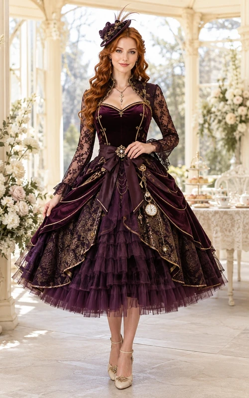 Burgundy Velvet Square Neck Long Sleeve Ball Gown Tea-length Party Dress