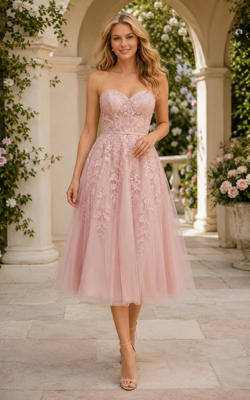 Vestido de tul rosa palo hasta la rodilla con corpiño sin tirantes y apliques de encaje.