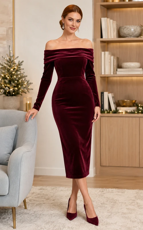 vestido de fiesta ajustado de terciopelo burdeos con hombros descubiertos y manga larga