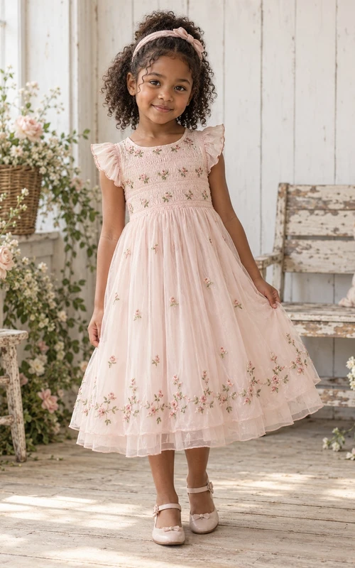 Vestido de niña de flores rosa con estampado floral, corte en A, mangas con volantes, bordado y dobladillo ribeteado.