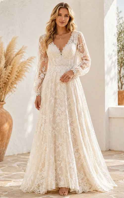 Vestido de novia bohemio de manga larga, corte en A, escote en V y encaje, largo hasta el suelo, para compromiso o boda.
