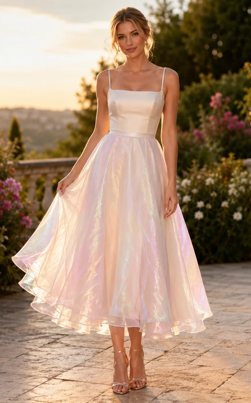 Vestido midi de invitada de organza iridiscente con escote cuadrado en rosa perla