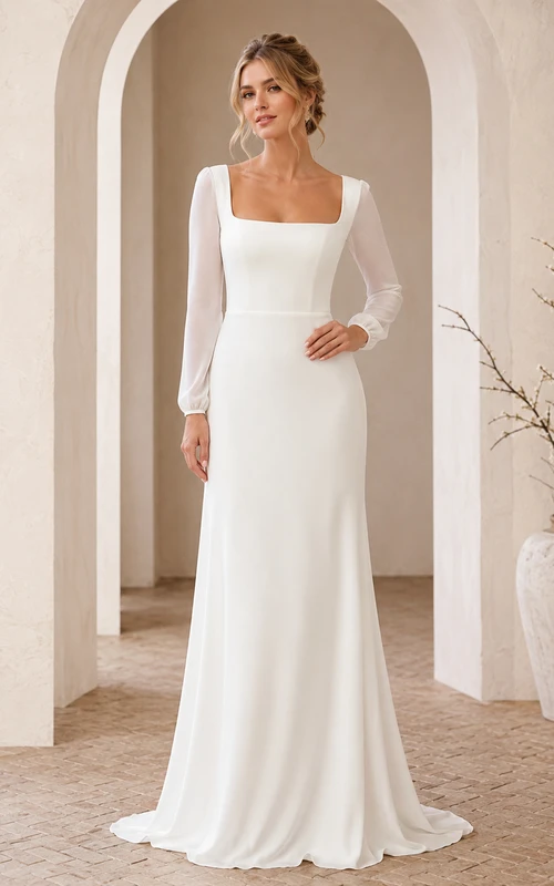 Minimal Square Neck Long Illusion Sleeve Sheath Sweep Train Modern Wedding Gown