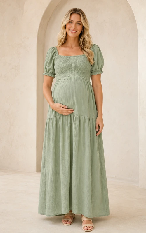 Vestido de campo largo hasta el suelo con cuello cuadrado y mangas abullonadas de Sage Maternity