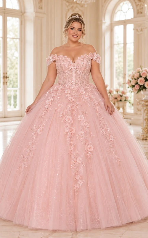 Romantisches, schulterfreies Prinzessinnen-Ballkleid aus Tüll mit herzförmigem Ausschnitt und Applikationen in zartem Rosa