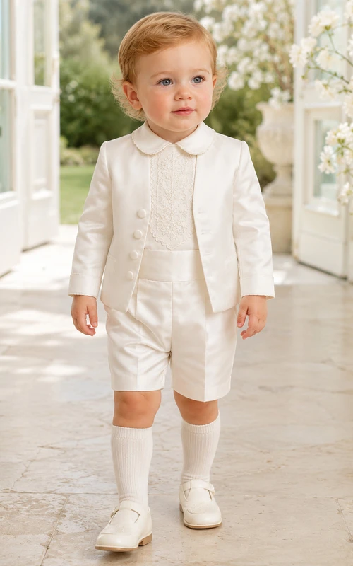 Elegant Cream Long Sleeve Embroidered Baby Boy Christening Short Suit