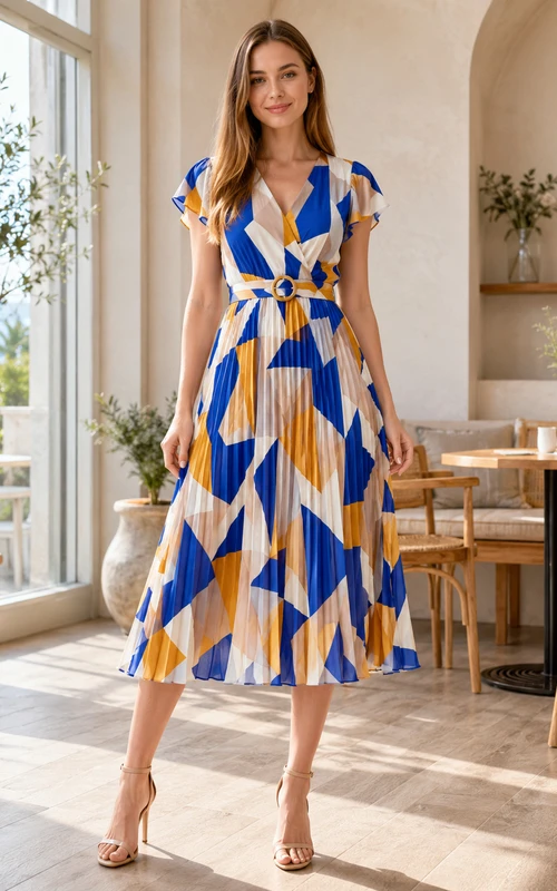 Vestido midi cruzado geométrico azul y amarillo con mangas acampanadas