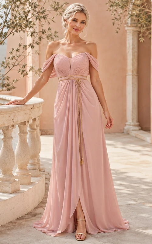 Dusty Rose Off-the-Shoulder Chiffon A-Line Floor Bridesmaid Dress