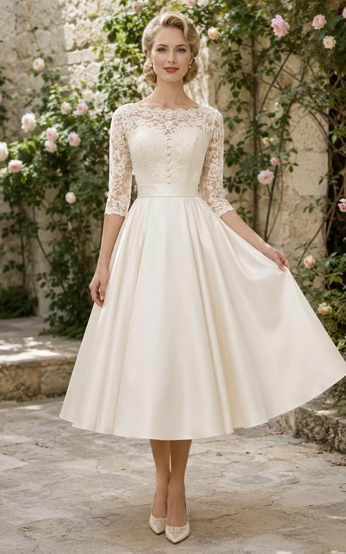 Vintage Brautkleid aus Satin und Spitze, A-Linie, hoher Kragen, 3/4-Ärmel, Teelänge