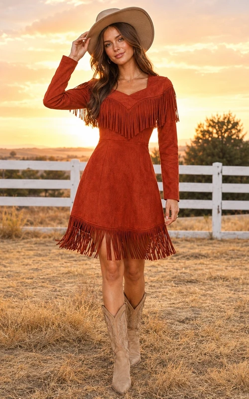 Minivestido estilo western de manga larga y cuello alto en jersey elástico color rojo óxido de Country Ready