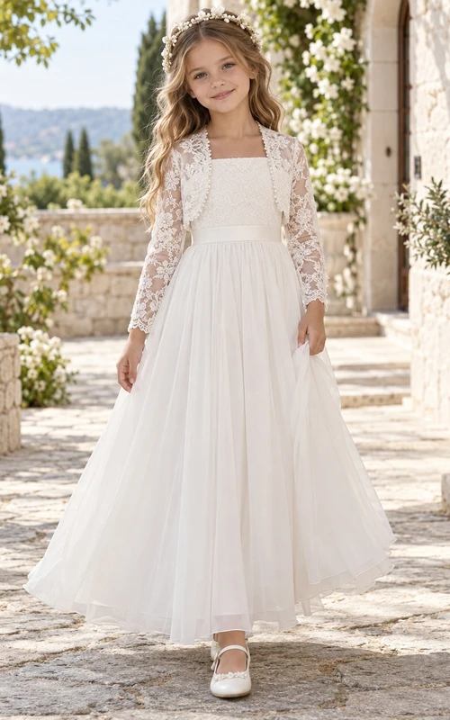 Vestido de niña de flores blanco de manga larga, cuello cuadrado, corte en A, tul, bolero de encaje hasta los tobillos