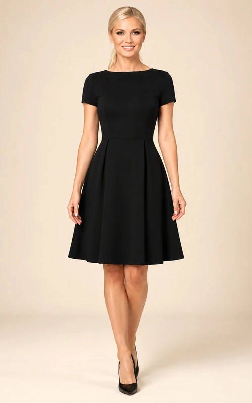 Black Bateau Short Sleeve Simple A-Line Knee Cocktail Dress Court