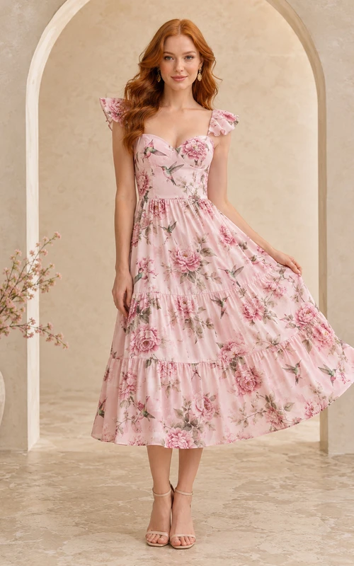 Pink Ruffle Strap Bird Floral Tiered Midi Dress