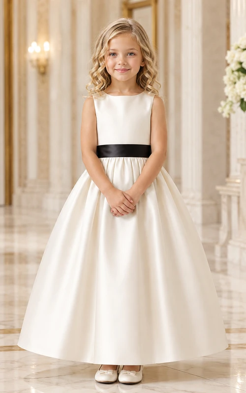 Robe de demoiselle d'honneur noire en satin sans manches, coupe trapèze, longueur thé, avec ceinture noire.