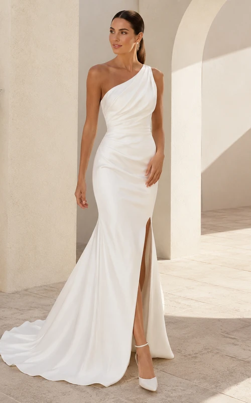 Robe de mariée minimaliste en satin, fourreau asymétrique sans manches, traîne et fente.