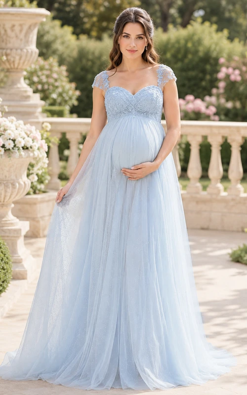 Blue Maternity Princess Scoop Neck Cap Sleeve Tulle Empire Wedding Dress