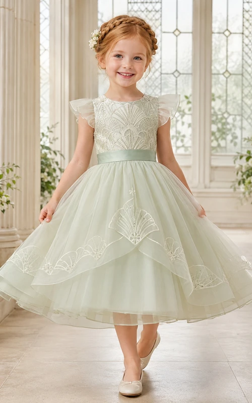 Celadon Flower Girl Dress with Beaded Petal Sleeves, Tea-Length Ball Gown Skirt, Fan Embroidered Tulle and Satin Back Bow