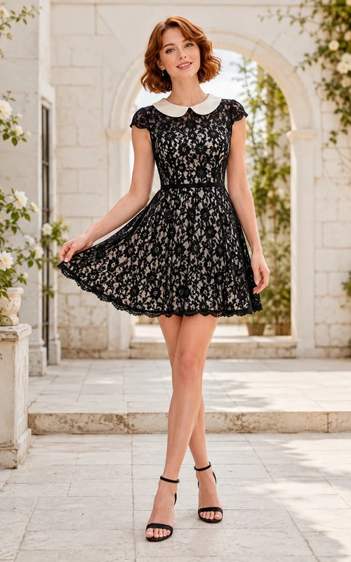 Schwarzes Vintage-Cocktailkleid aus Spitze mit Peter-Pan-Kragen und elfenbeinfarbenen Kontrastnähten