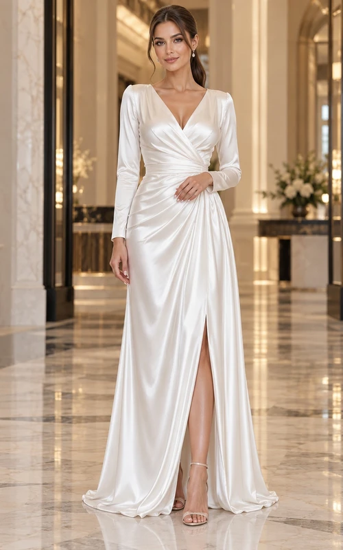 Robe de soirée blanche en satin fendue, à manches longues et col en V, froncée, à col V et à manches longues.