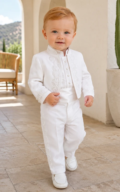 Luxury White Long Sleeve Embroidered Charro Waistcoat Baby Bautizo Suit