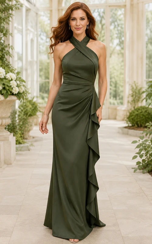 Olivgrünes A-Linien-Kleid mit Neckholder und drapierter Rüsche für Mütter.