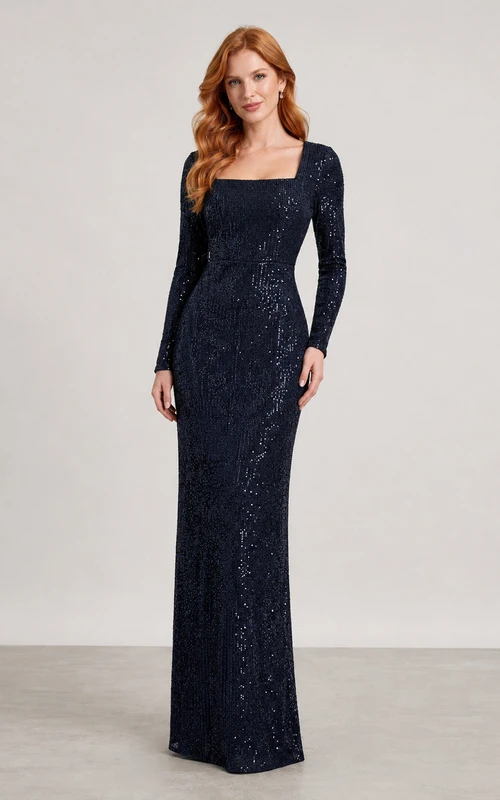 Dark Navy Bateau Sequin Long Sleeve Evening Dress