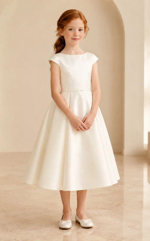 Cap Sleeve Satin A-Line Flower Girl Dress with Knee-Length Skirt and Pleated Skirt