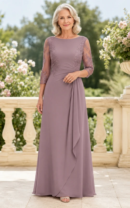 Vintage-Brautkleid in Mauve-Spitze, schlicht und elegant, mit Illusion-Ausschnitt, Dreiviertelärmeln, A-Linien-Schnitt und bodenlangem Chiffon-Detail, ideal für die Mutter älterer Bräute.