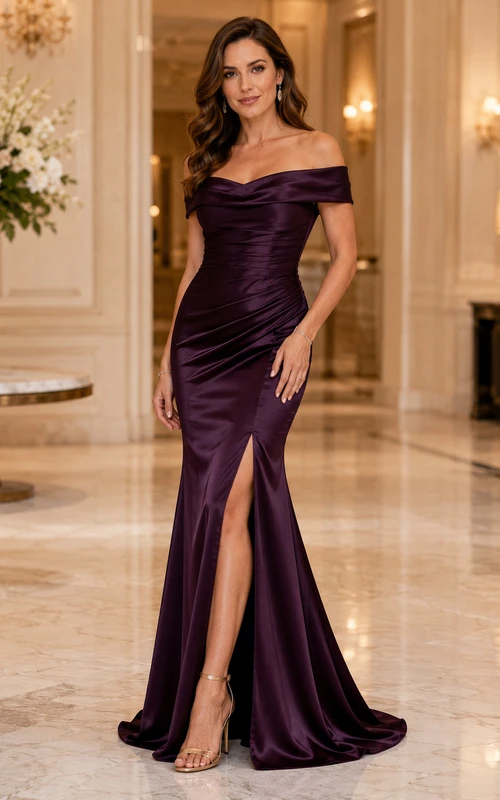 Plum Off-Shoulder Satin Mermaid Split Front Floor Wedding Guest Gown