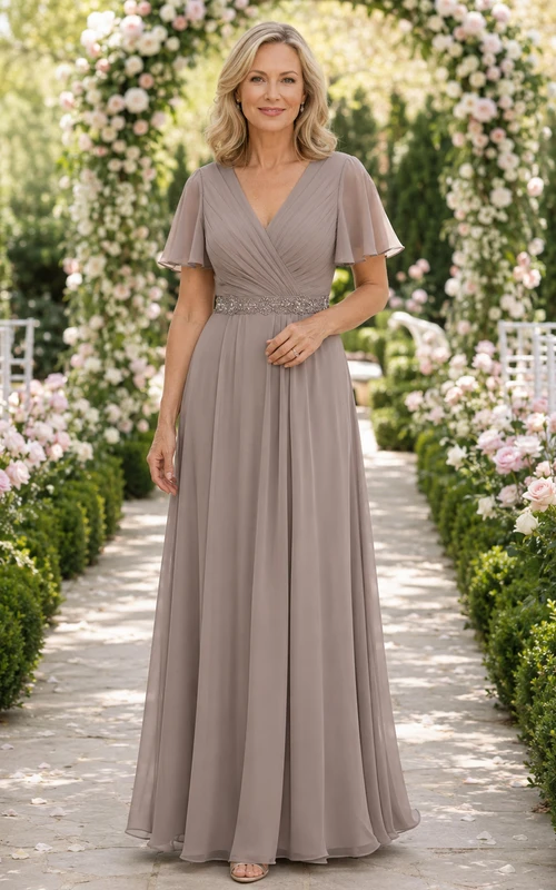 Vestido de fiesta de gasa color topo con escote en V y mangas con volantes, corte en A.