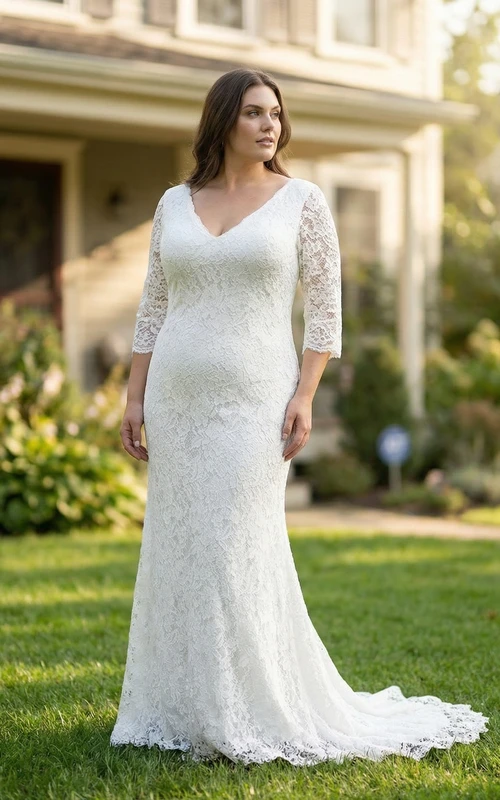 Vestido de novia de sirena con escote en V y encaje, con cola.