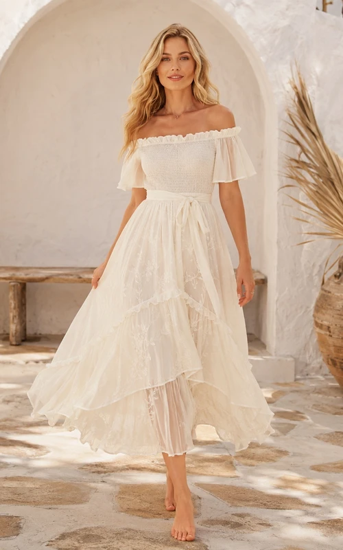 Romantic Off Shoulder Tiered Tulle A Line Ankle Length Bridal Wedding Dress