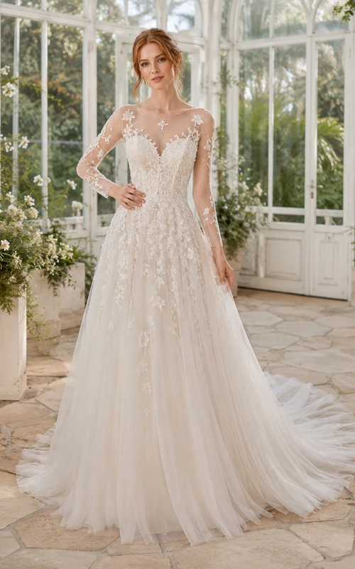 Robe de mariée romantique en dentelle et tulle, décolleté en V, coupe trapèze trois-quarts, appliques de chapelle, style cour élégante