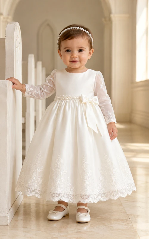 Pearl Waist Baby Christening A-Line Long Sleeve Tea-Length Dress Modest Elegant Adorable Tulle